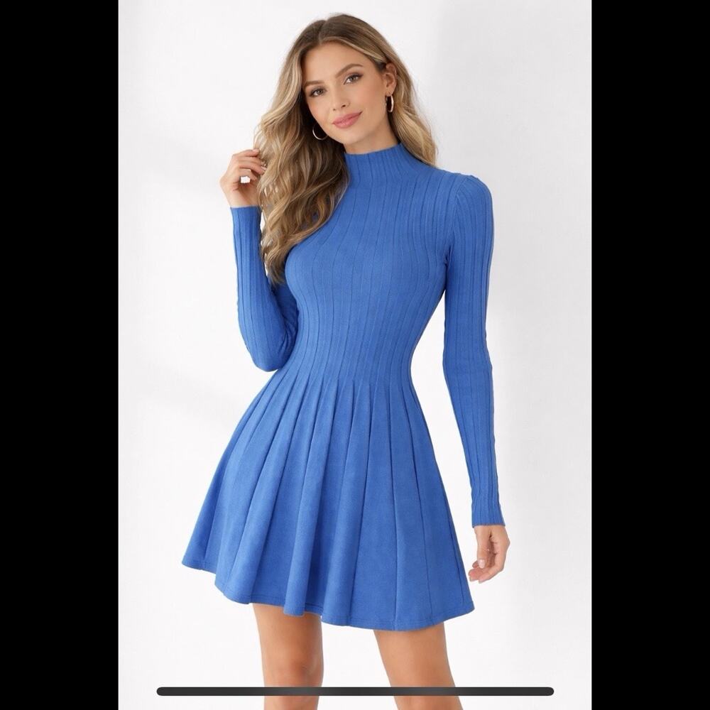 Klesis Blue Ribbed Knit Dress Mock Neck Long Sleeve Fit Flare Women’s Sz Medium
